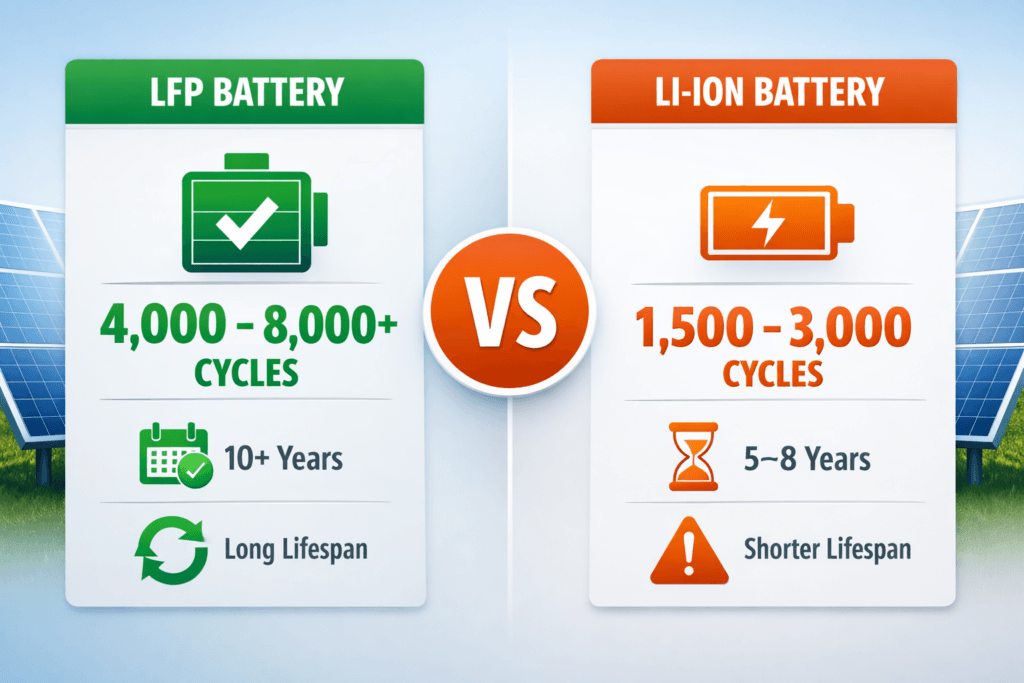 LFP battery cycle life comparison showing longer lifespan than standard lithium-ion batteries