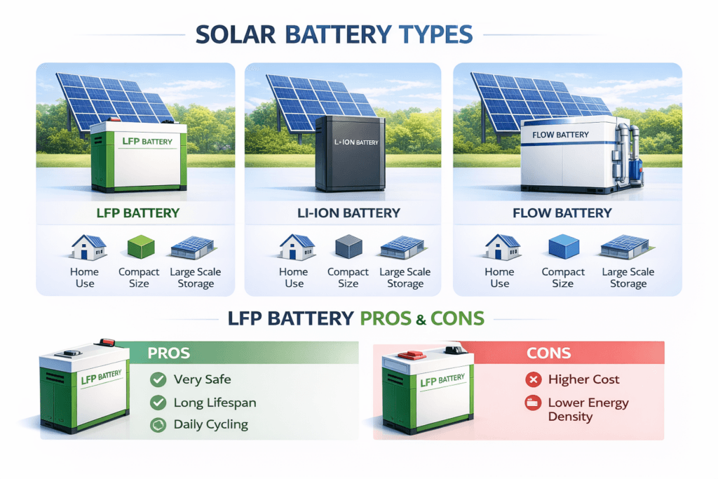 Best Battery for Solar Storage : LFP battery pros and cons for solar energy storage including safety, lifespan, and daily cycling performance