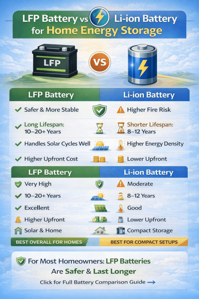 Infographic comparing LFP Battery vs Li-ion Battery for home energy storage highlighting safety, lifespan, efficiency, and cost.